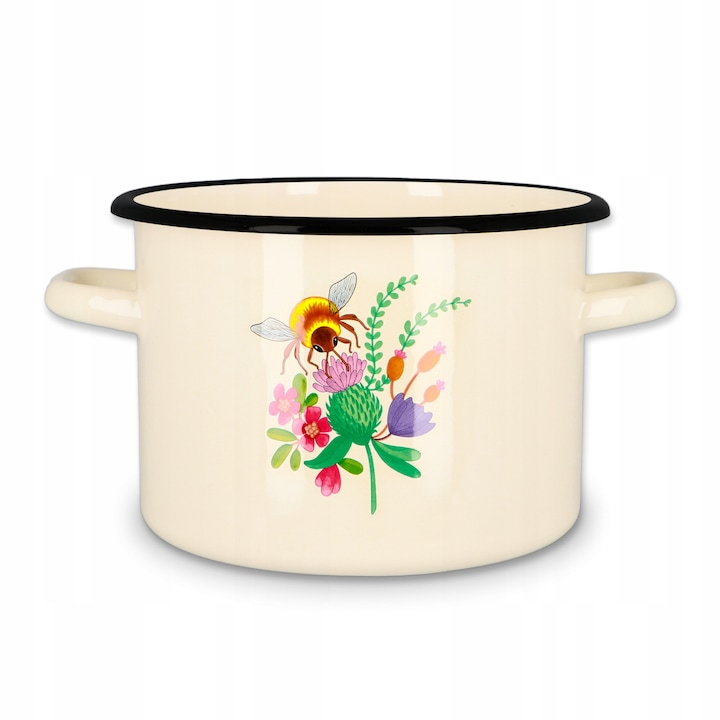 Емайлирана тенджера, Olkusz Dishes, Стъкло, Декорация: Мед, Покритие: Емайл, 18 x 13, 5 см, Кремаво, 1 брой