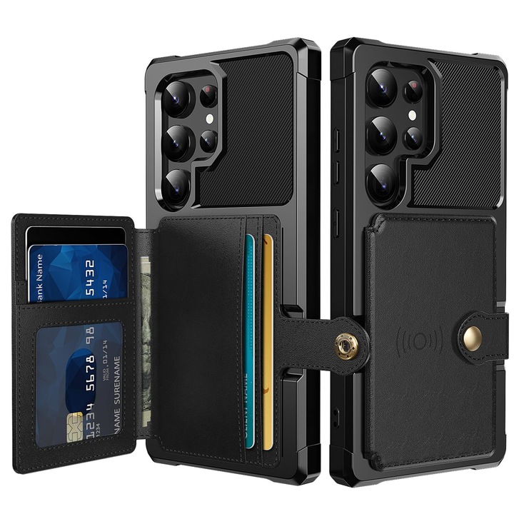 Husa telefon, TREXORA, pentru Galaxy S25 Ultra, design cu slot pentru carduri, protectie socuri, piele sintetica, neagra