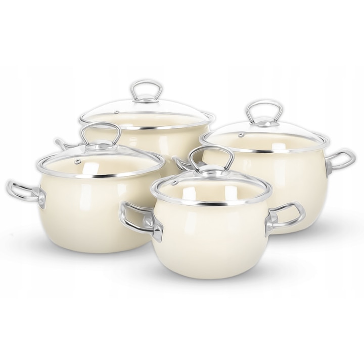 Set De Oale, Olkusz, Cu Capac, 1.5 L, Set De 4 Oale Cu Capace, Rezistent La Socuri, Material: Otel Carbon, Usor De Curatat, 16 cm x 10 cm x 18 cm x 12 cm x 20 cm x 14 cm x 22 cm x 15 cm, Sigur Pentru Sanatate, Crema