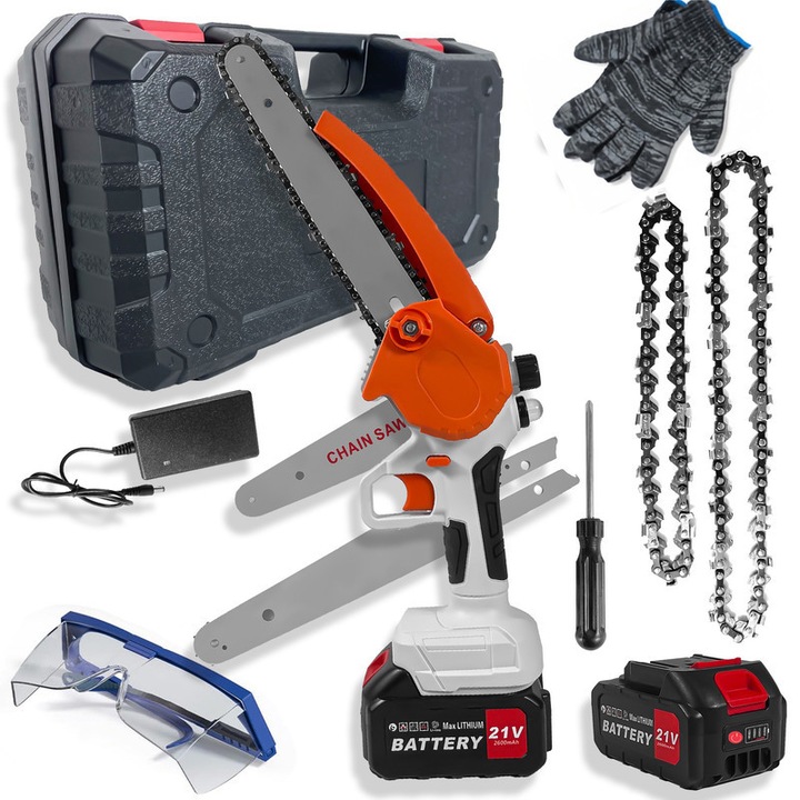 Láncfűrész készlet 21V, 6 hüvelykes és 8 hüvelykes, két 2600mAh-s akkumulátorral, fehér és narancssárga