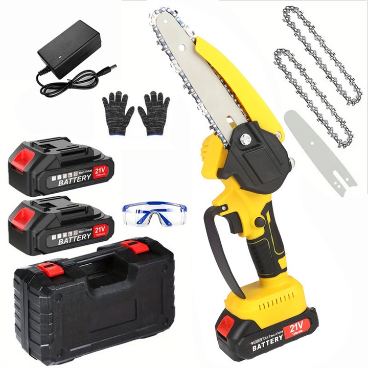 OEM Elektromos fűrész szett 21V, 4 és 6 hüvelyk, két 1300mAh akkumulátor, sárga