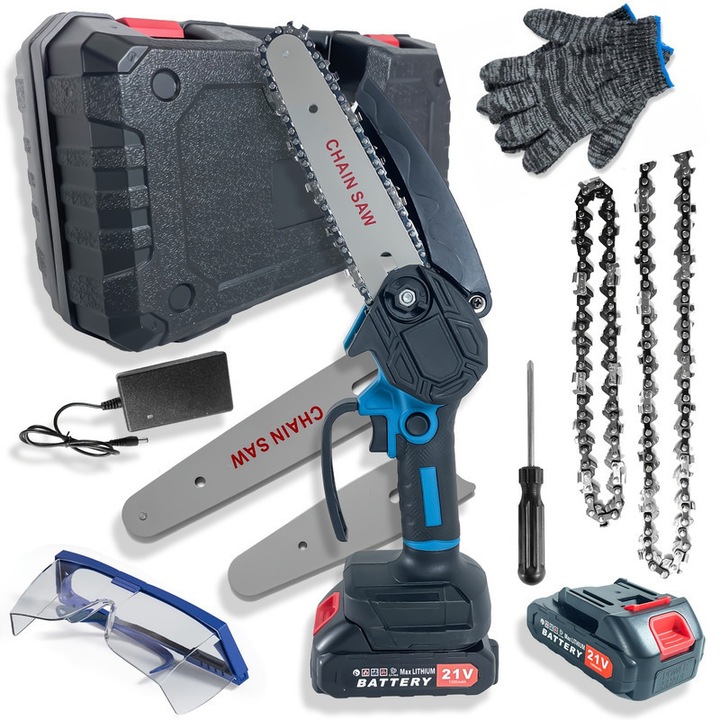 Fierastrau electric mini, 21V, set cu 4 si 6 inch, doua baterii, albastru