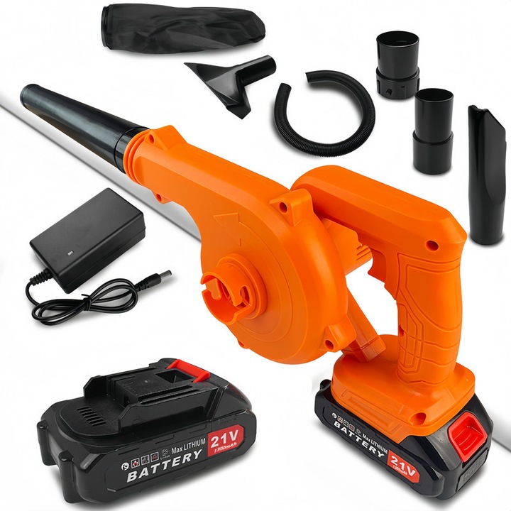 Aspirator si suflanta 2 in 1, cu doua baterii, tub de extensie si sac de vid, portabil, 21V, portocalie