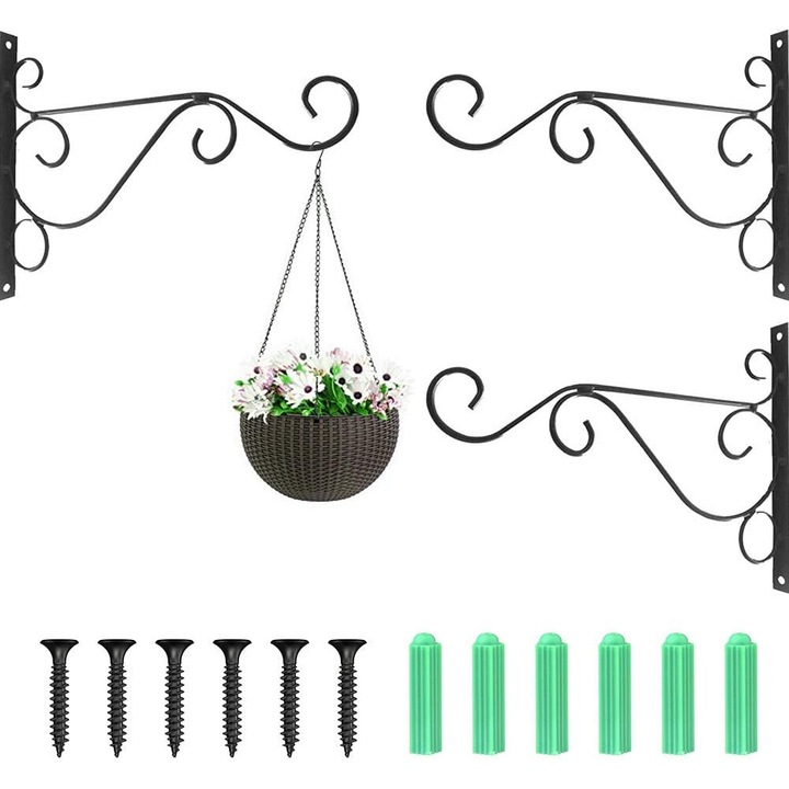 Set 3 Suporturi Metalice Negre pentru Agatat Ghivece 25x20.5cm