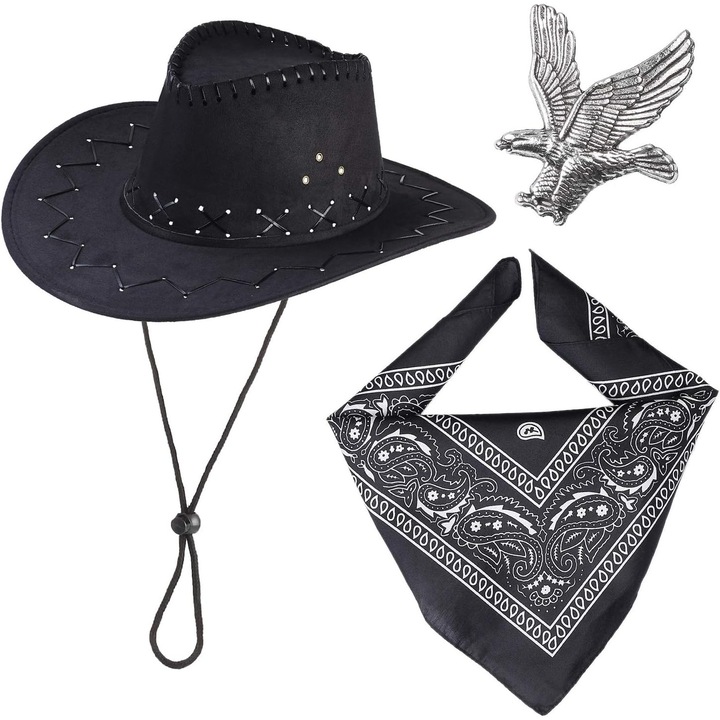 Set accesorii cowboy Herusi palarie bandana brosa negru