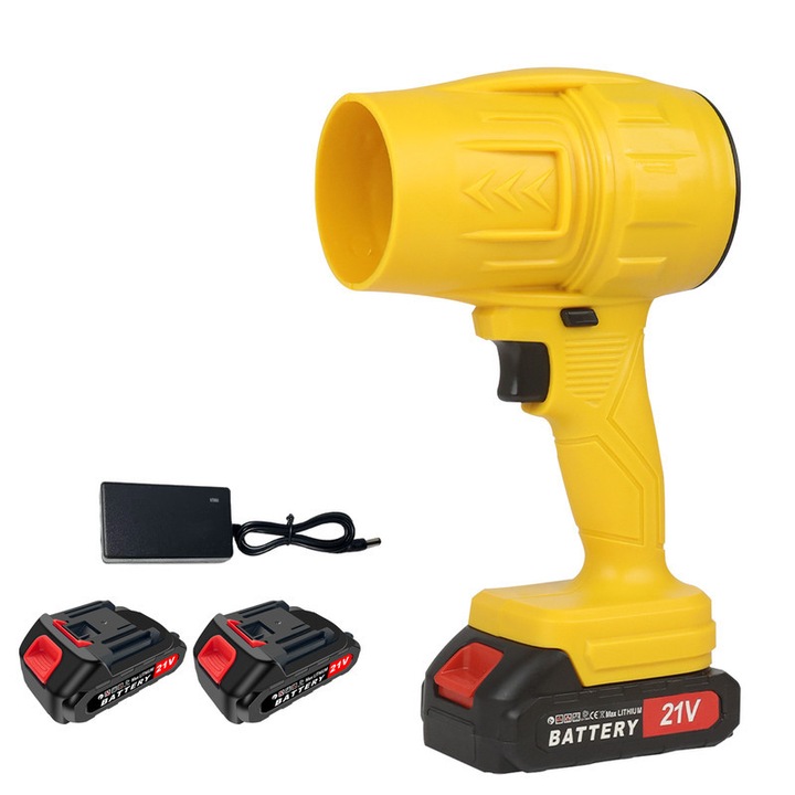 Hordozható ventilátor 21V, 2 db 1300mAh akkumulátor, állítható sebesség, sárga