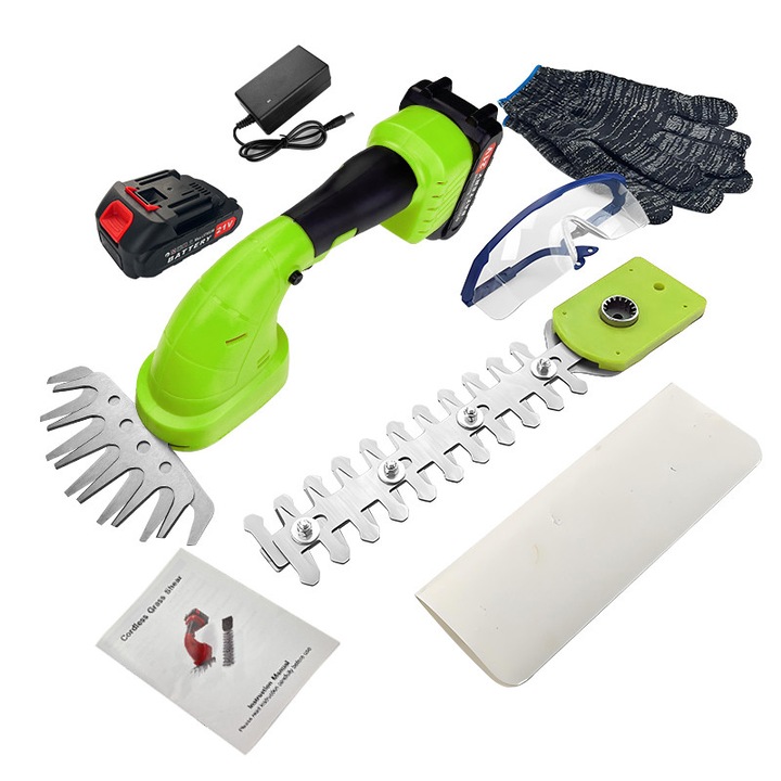 Foarfeca de gradinarit 2-in-1, verde, cu 2 acumulatori de 1300mAh, 2 lame, cu adaptor