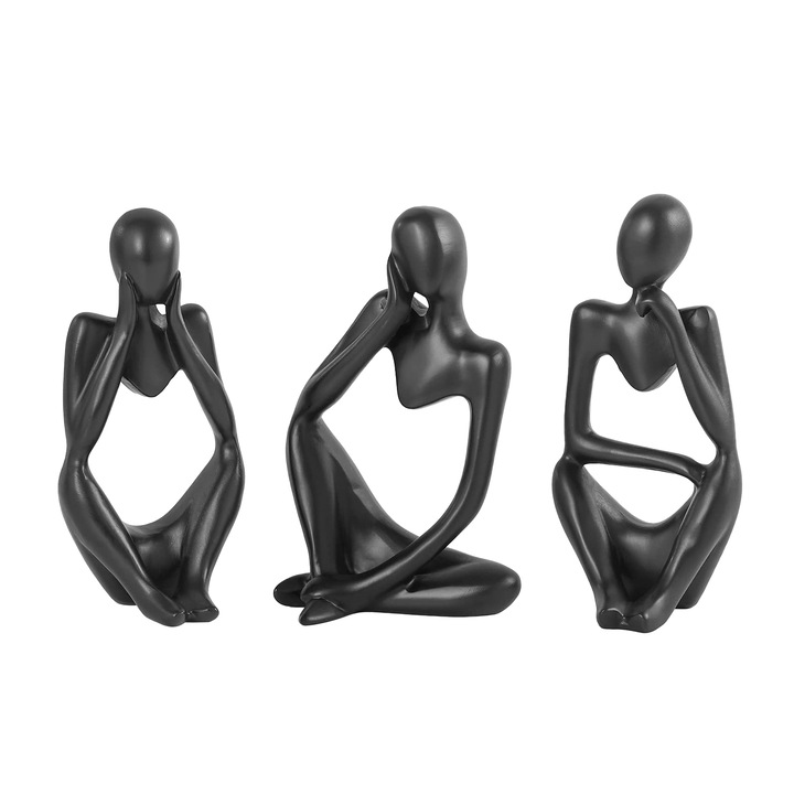 Set de 3 Figuri Abstracte Decorative, Rasina, Negru, 13x5.7x7.7cm