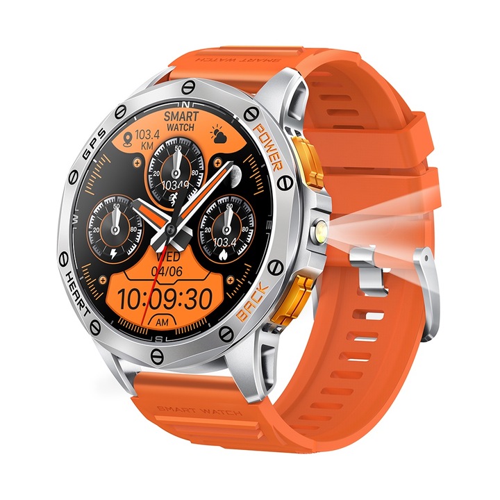 Ceas Smartwatch, AMYMAT, GPS, K67, Ecran AMOLED HD de 1, 43 inchi, Apeluri Bluetooth, Pedometru, Mesaje pentru apeluri sociale, Notificari inteligente, Fitness Tracker, Mod exercitiu, Sleep Tracker, Ritm cardiac, Rezistent la apa, Portocaliu