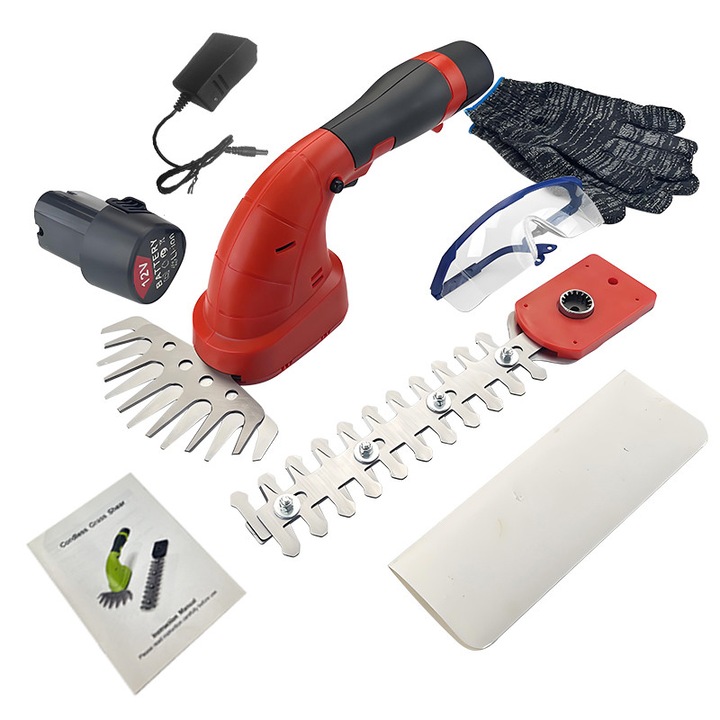 Foarfeca electrica 12V 2-in-1, cu doua acumulatori 1300mAh, doua lame, rosie, pentru tuns iarba si taiat gard viu