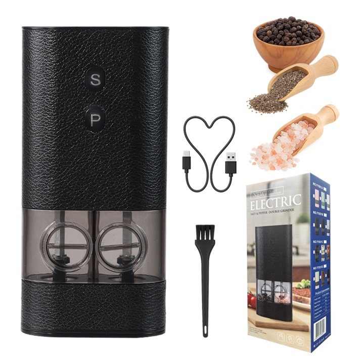 Електрическа мелачка за сол и черен пипер 2 в 1, презареждаща се с USB, 2 бутона, LED, регулируема гранулация, кожен дизайн, 2 прозрачни резервоара от 75 мл, Черен и бежов