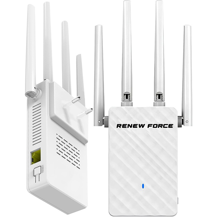 Amplificator Semnal Wireless, Renew Force®, Range Extender Retea WiFi, Cu 4 Antene, Retea 2, 4 GHz, Transfer 300 Mbps, Conexiune WPA, WPA2 si WEP9, Plug and Play, 3 moduri -AP/Router/Repeater, ABS/PC, Alb CF-WR306S