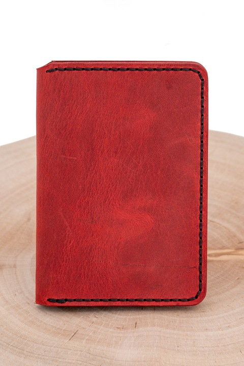 Portofel pentru carte identitate, din piele naturala, cusut manual, Rosu, 12.5x8.5 cm