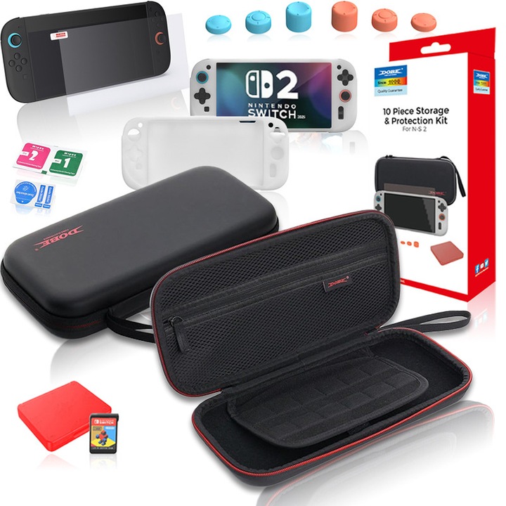 Set 12 in 1 husa de transport consola Nintendo Switch 2, Folie de sticla calita, Husa de silicon, capac de tastatura, Negru