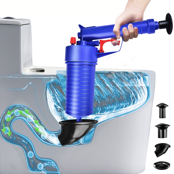 Pompa Desfundat Instalatii Sanitare BYONDSELF®, cu 4 accesorii versatila, ideala pentru desfundarea rapida a chiuvetelor, cazilor si dusurilor, Albastru