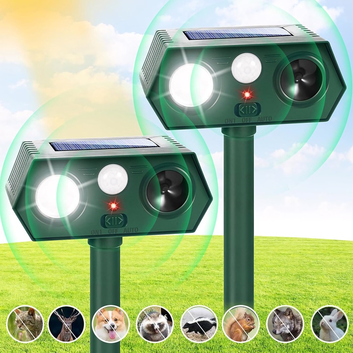 Комплект от 2 репелента, BYONDSELF®, сензор за движение, стробоскоп, 120°, против птици/мишки/плъхове/комари/насекоми, слънчево зареждане, издръжлив, за градина, зелен