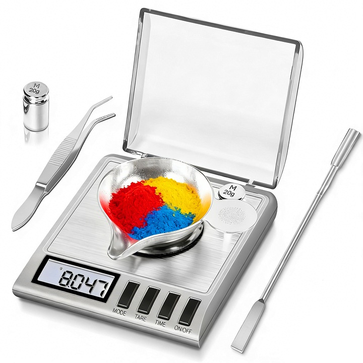 Cantar pentru Bijuterii, BYONDSELF®, 50g/0.001g, 2 Greutati, functia de calibrare, Pentru Bijuterii, cu Lingura, Tava pentru Pudra si Penseta, Gri-argintiu