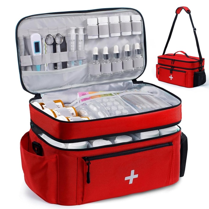 Аптечка, BYONDSELF®, двуслойна, подвижна презрамка, многослоен независим пространствен дизайн, водоустойчива и влагоустойчива, 18*22*39 см, червена