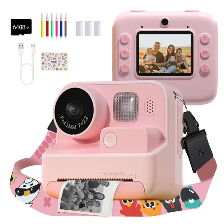 Детски фотоапарат за моментни снимки, функция за печат, 48 MP, Full HD, резолюция 1080p, 2.0 инчов екран, светкавица, 1400 mAh батерия, 64Gb SD карта включена, розов