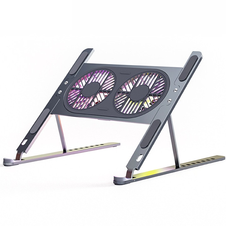 Suport pentru laptop cu ventilator de racire, suport portabil pliabil din aluminiu, suport ventilat pentru laptop cu ventilatoare silentioase, reglabil in 8 pozitii, compatibil cu toate laptopurile 10-17 inch - culoare gri