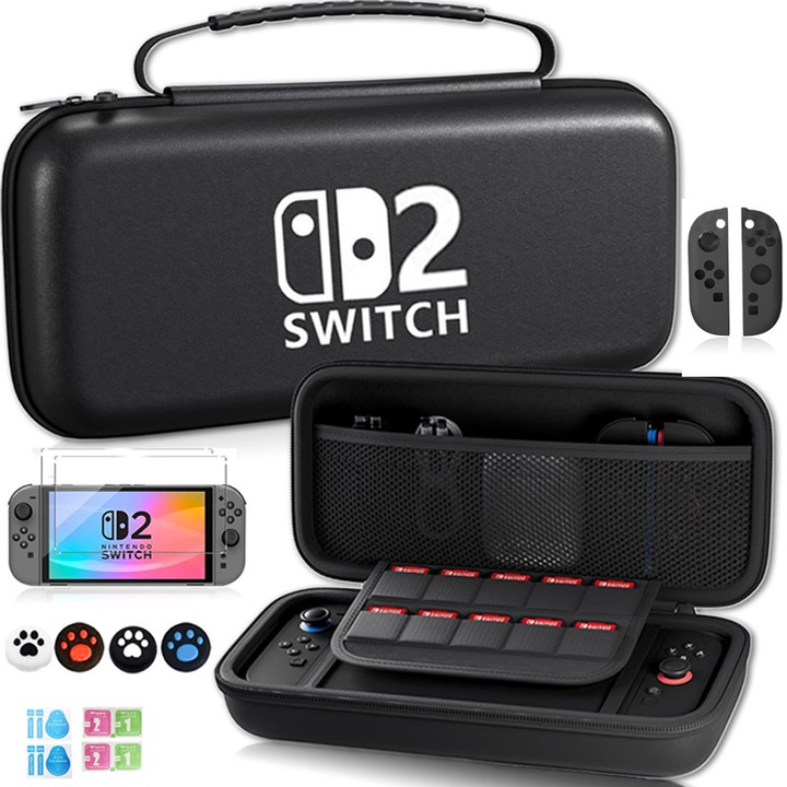 Калъф за конзола Nintendo Switch 2 PlayTech за Nintendo Switch 2, защита от удари и пръски, отделение за игри и аксесоари, закопчаване с двоен цип, издръжлив материал EVA, черен