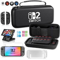 Set 11 in 1 Super Kit husa de transport consola Nintendo Switch 2, Protectie Impotriva Socurilor Si Stropilor, Compartiment Pentru Jocuri Si Accesorii, Inchidere Cu Fermuar Dublu, Design Ergonomic Cu Maner, Material Eva Durabil, Husa de silicon, Negru