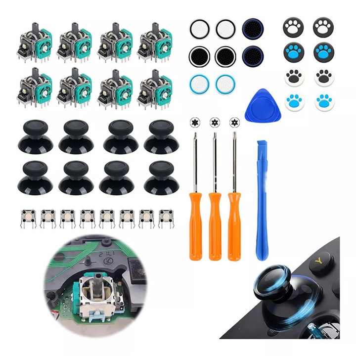 Xbox One S/X kontroller javítókészlet, 45 darabos, javítókészlet, 8 hüvelykujj markolat, 8 3D analóg joystick, 8 „LB” „RB”, 3 csavarhúzó, többszínű