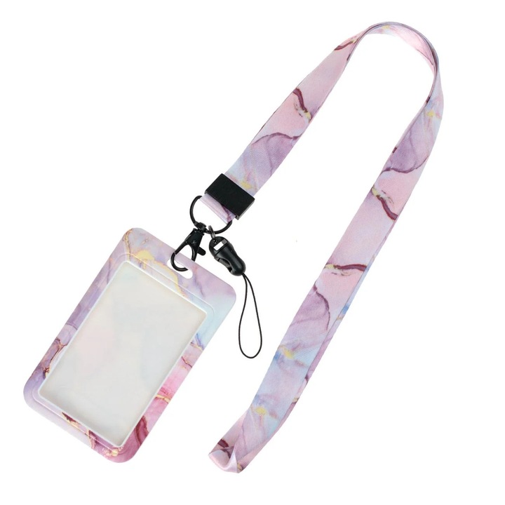 Ecuson legitimatie CARODIS dur marble roz, 8.5x5 cm, cu snur 42 cm, clips detasabil, pentru carduri transport/conferinta