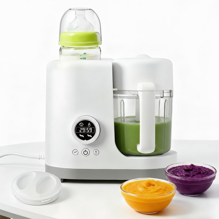 Robot de Bucatarie si Blender Bebelusi Fudisenn® 4 in 1, Gatire la Aburi, Mixare Automata, Incalzitor Biberoane cu Termostat 24h si Sterilizator, Panou Digital, Alb