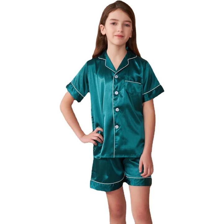 Set pijama fete, raion, maneci scurte, pantaloni scurti, verde, potrivit pentru copii, Verde
