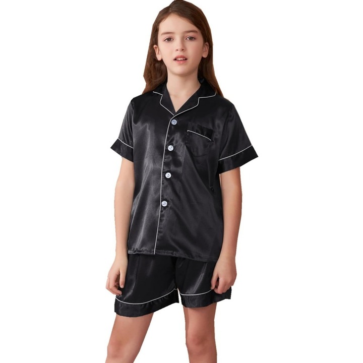 Set pijama fete, maneci scurte, pantaloni scurti, Negru