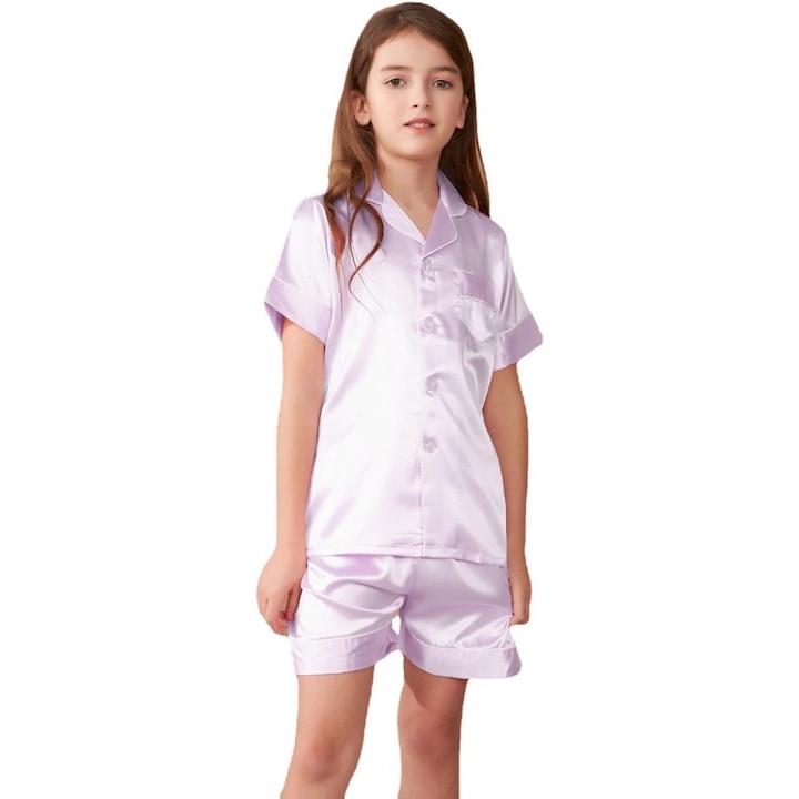 Set pijama fete, raion, maneci scurte, pantaloni scurti, violet deschis, potrivit pentru copii, Violet deschis