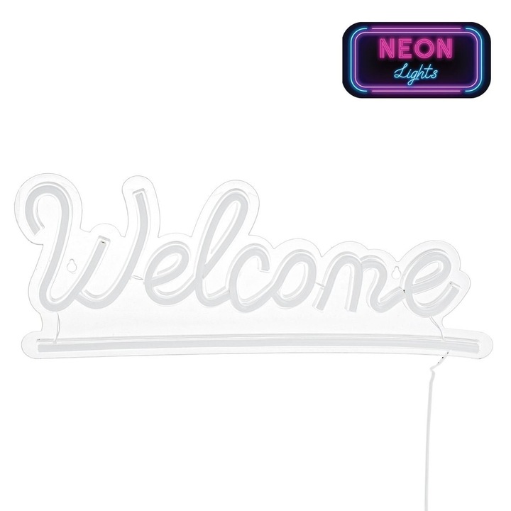 Lampa LED Neon Roz si Bleu „Welcome” cu Cablu USB 1.8m 41x16cm