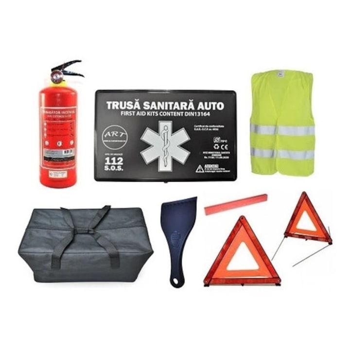 Пълен комплект за безопасност на автомобила, одобрен от RAR, валидност 5 години [1x Аптечка, 1x Пожарогасител 1 кг с манометър, 1x Светлоотразителна жилетка, 2x Триъгълника, 1x Стъргалка за лед] + Чанта за съхранение