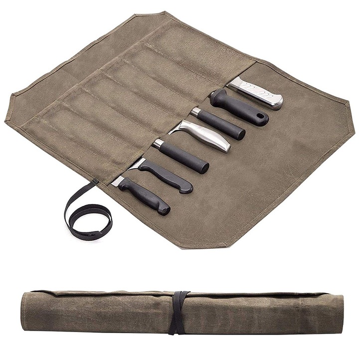 Geanta pentru cutite, 7 sloturi, Noonedibs, 7 sloturi, panza ceara impermeabila, kaki, potrivita pentru exterior, acasa, explorarea salbaticiei, usor de transportat, organizat, 56x43 cm