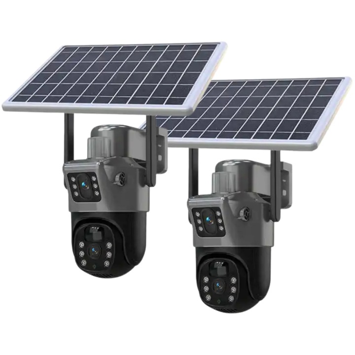 Set 2x Camera de Supraveghere Duala 4G, Rezoluie 6MP, Slot de Cartela SIM, Panou Solar 7, 5W, Detectie Umana, Viziune Nocturna, Rezistenta IP66, Control Total