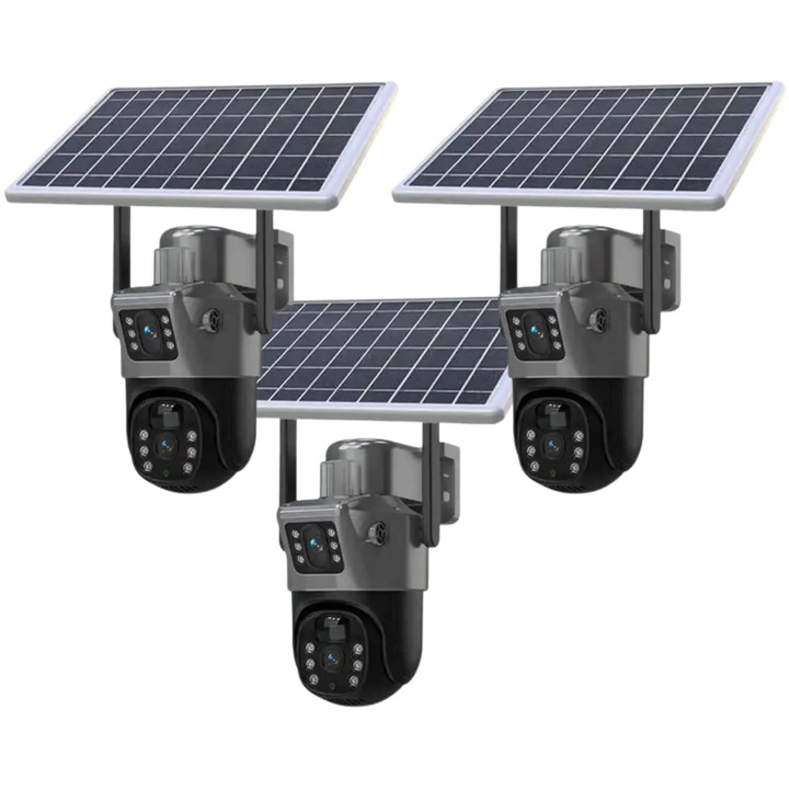 3x Dupla 4G Megfigyelő Kamera Szett, 6MP Felbontás, SIM Kártya Foglalat, 7,5W Napelem, Emberi Érzékelés, Éjszakai Látás, IP66 Ellenállás, Teljes Vezérlés