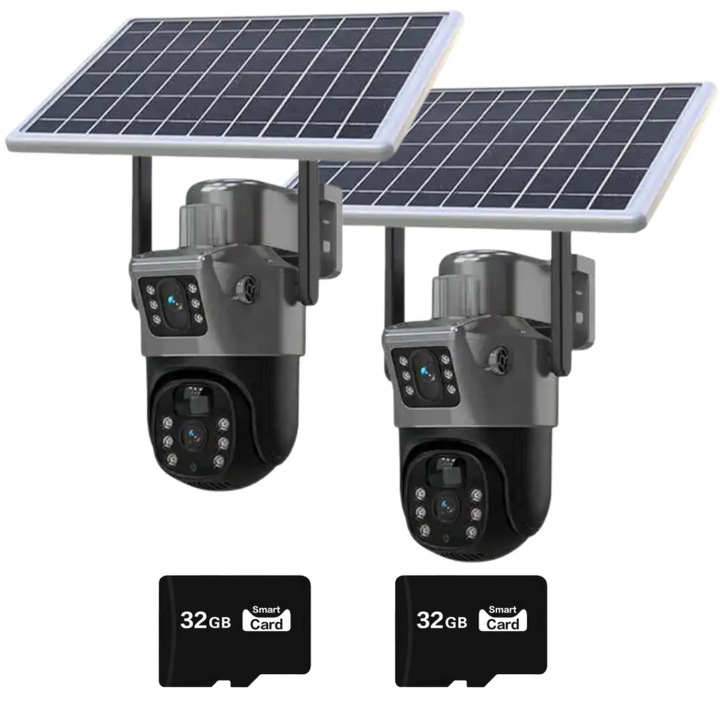 Set 2x Camera de Supraveghere Duala 4G, Rezoluie 6MP, Slot de Cartela SIM, Panou Solar 7, 5W, Detectie Umana, Viziune Nocturna, Rezistenta IP66, Control Total Plus 2x Card Memorie 32GB