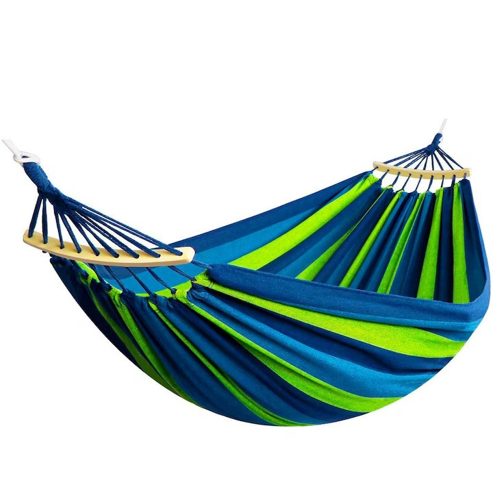 Hamac Dublu Deluxe Macvi® pentru 2 Persoane Capacitate 200 kg, 200x150 cm, Albastru, Material Rezistent, Ideal pentru Gradina, Camping sau Terasa