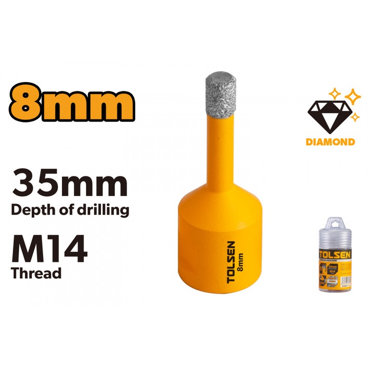 Carota diamantata, TOLSEN, 8mm, M14, adancime 35mm, otel carbon #45, pentru sticla, ceramica si marmura, lungime 63mm, suprafata acoperita cu pulbere
