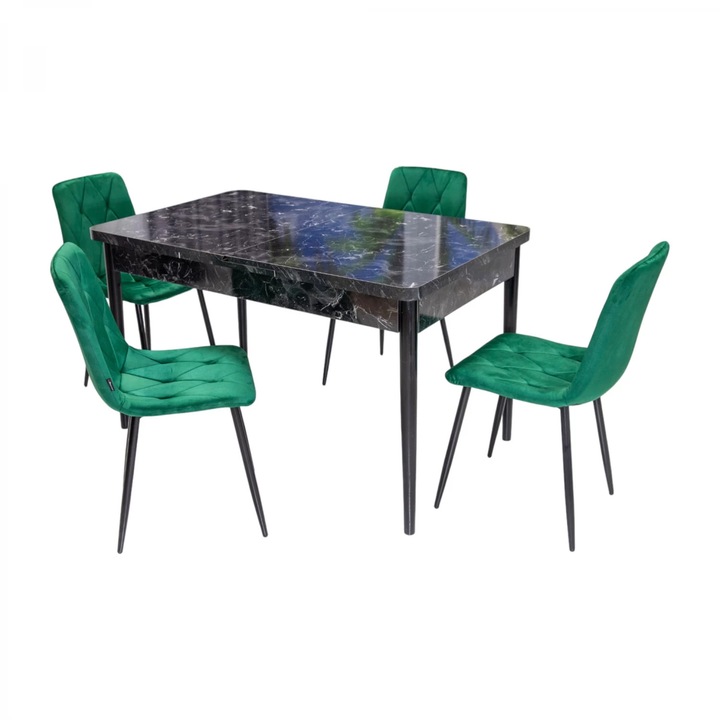 Set masa Napoli Black Marble cu 4 scaune Kobe verzi, DENVER, extensibila, picioare vopsite negru, 130x80x76 cm