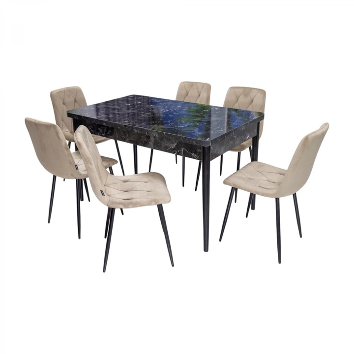 Set masa Napoli Black Marble cu 6 scaune Kobe bej, DENVER, extensibila, picioare vopsite negru, 130x80x76 cm