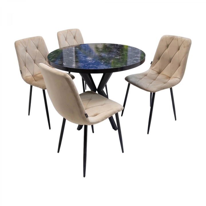 Set masa Hamburg Black Marble cu 4 scaune Kobe bej, DENVER, picioare metalice negre, 90x73 cm