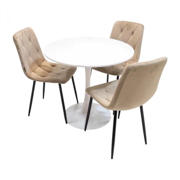 Set masa DENVER Innsbruck blat alb si picior alb cu 3 scaune Kobe bej, 80x73 cm