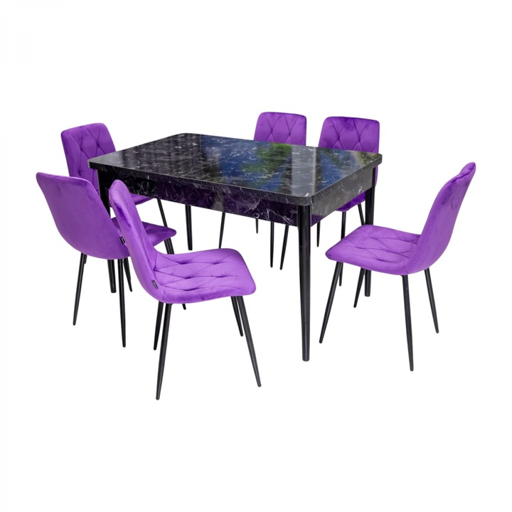 Set masa Napoli Black Marble cu 6 scaune Kobe mov, DENVER, extensibila, picioare vopsite negru, 130x80x76 cm