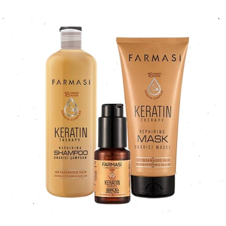 Set Tratament Keratina pentru repararea parului Keratin Therapy, sampon 360ml, masca 200ml, ser 30ml, Farmasi