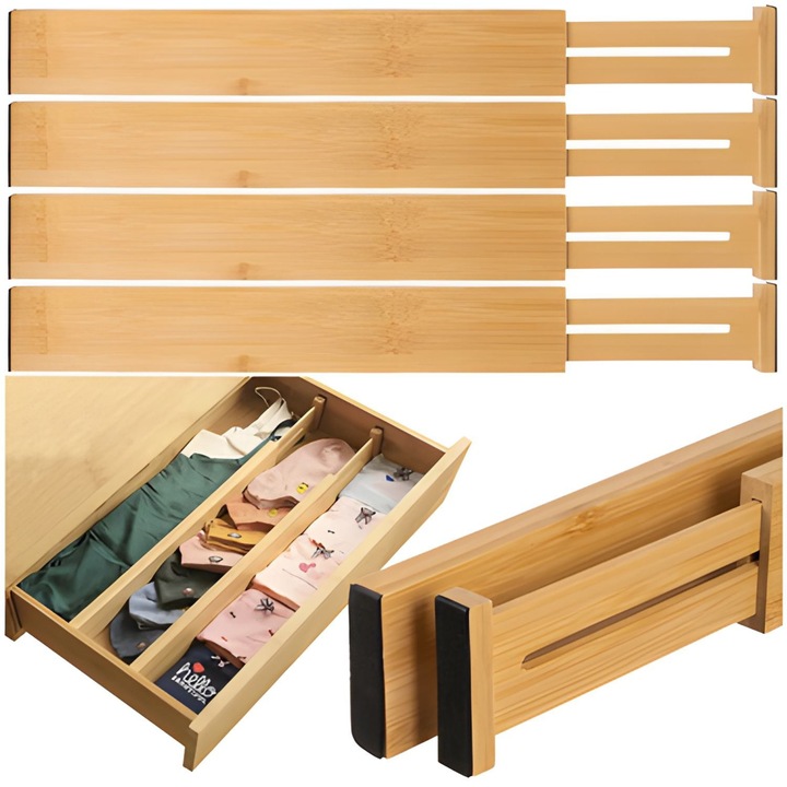 Set 4 Organizatoare Sertar Fabra® din Bambus, Extensibil si Ajustabil 42–56 cm, cu Protectii din spuma EVA, Capete Antialunere