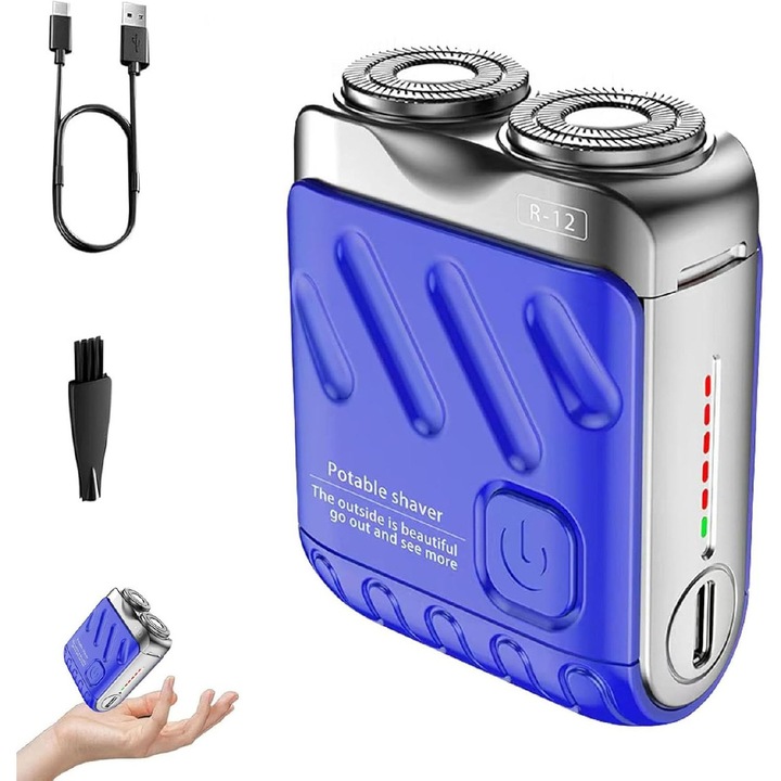 Mini masina electrica umeda si uscata portaba, cutit de barba magnetic rotativ reincarcabil cu un singur tap (albastru)
