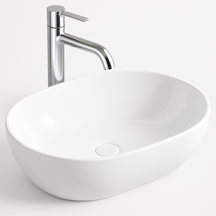 Lavoar cu blat din ceramica alb oval mare, elegant 49 X 35 cm Rebiko