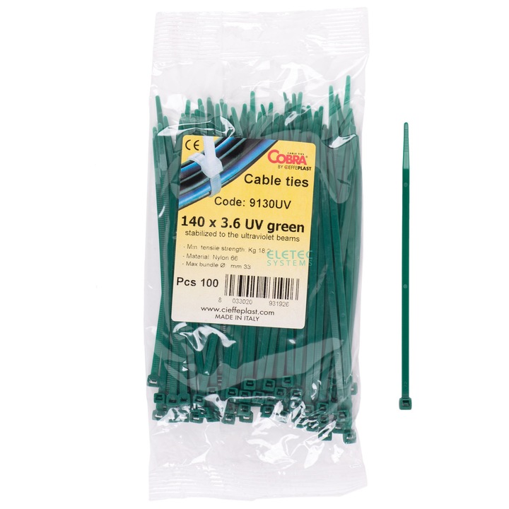 Set 100 buc colier cablu verzi foarte rezistent la UV 140x3, 6 pentru aplicatii in aer liber COBRA 9130UV